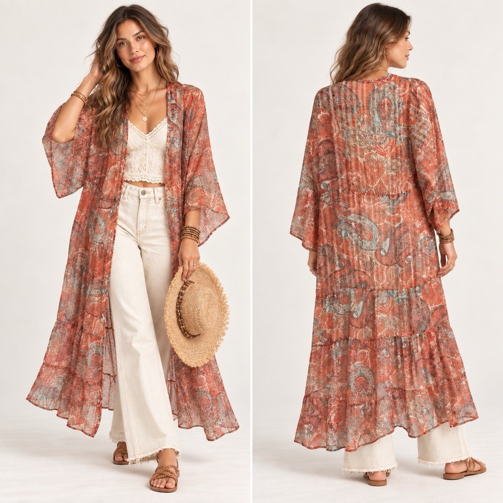 $120 NWT Anthropologie Paisley Kimono One Size Boho Maxi Duster